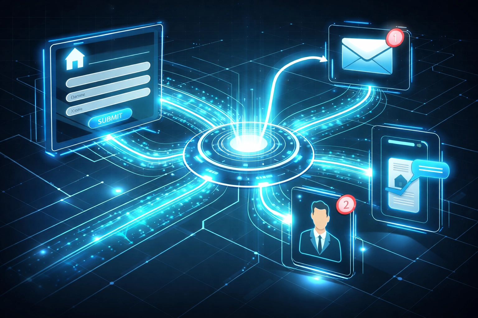 An automated real estate lead flow visualized, showing instant notifications, emails, and seamless data management.