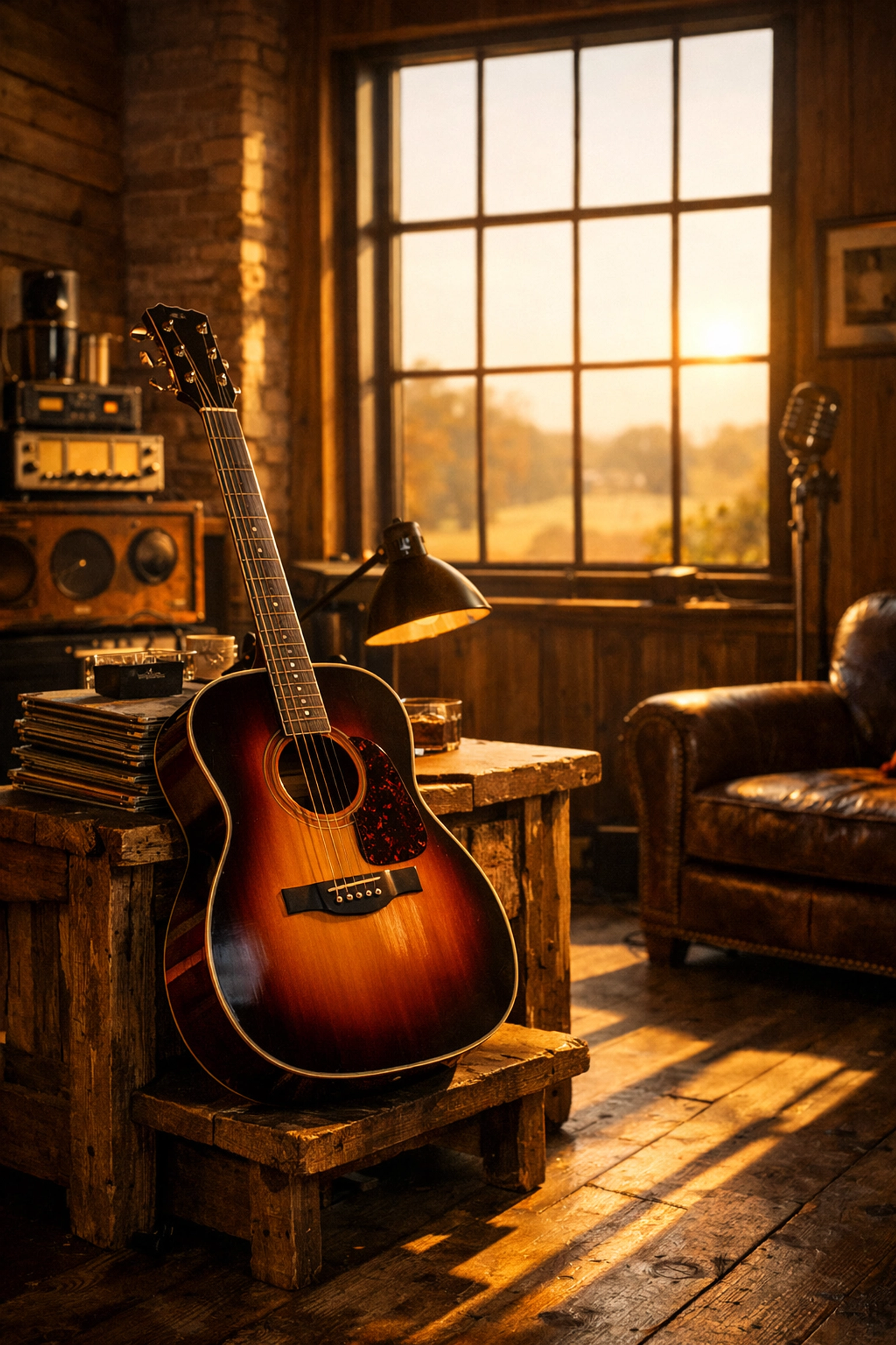 Acoustic guitar and vinyl records in a warm studio, reflecting Jason Aldean’s legacy of 30 number one hits.