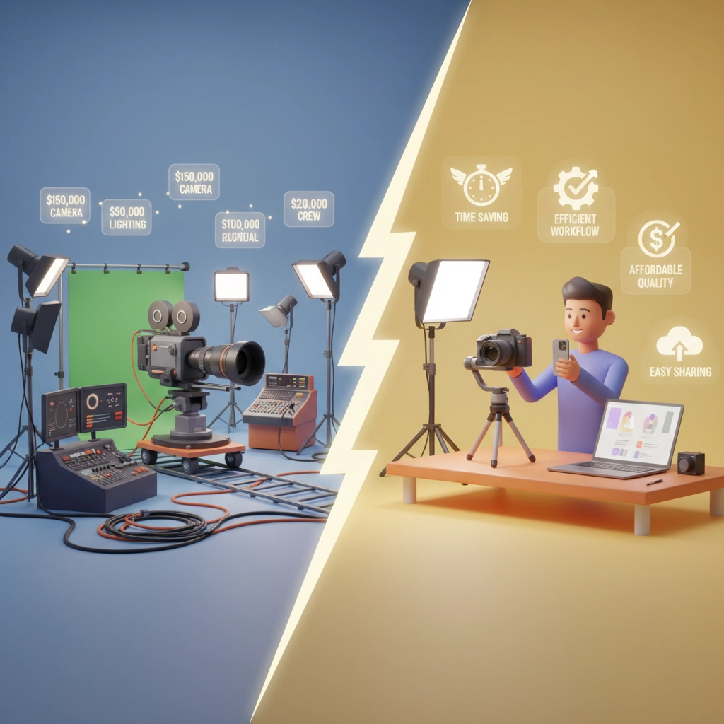 Comparing traditional and modern video production setups, this image highlights the difference in cost and efficiency. On the left, a complex and expensive studio setup, and on the right, a simplified modern approach emphasizes affordability, time-saving, and easy sharing.