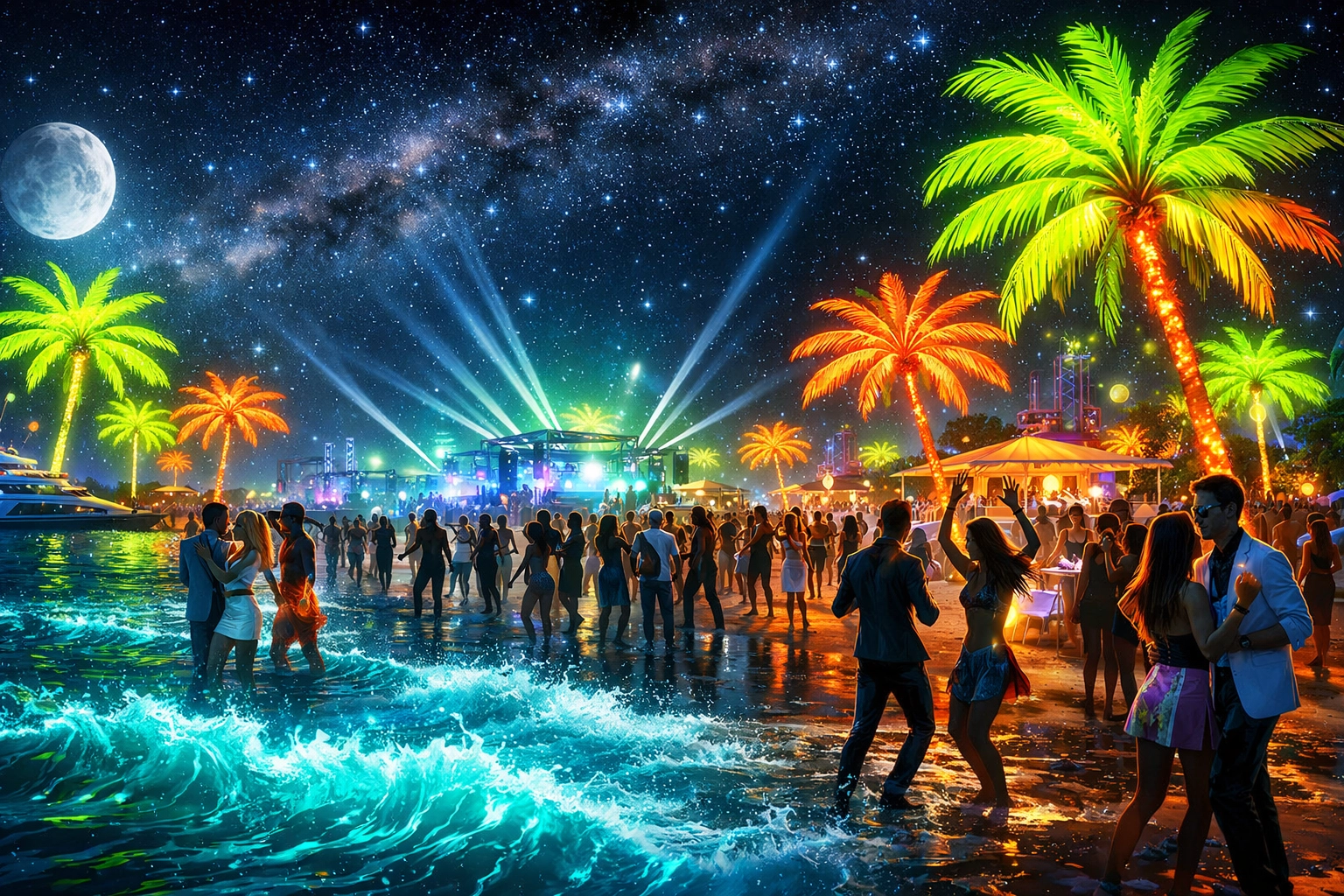 Vibrant neon beach party with people dancing, representing the excitement of real-life social hookup events.