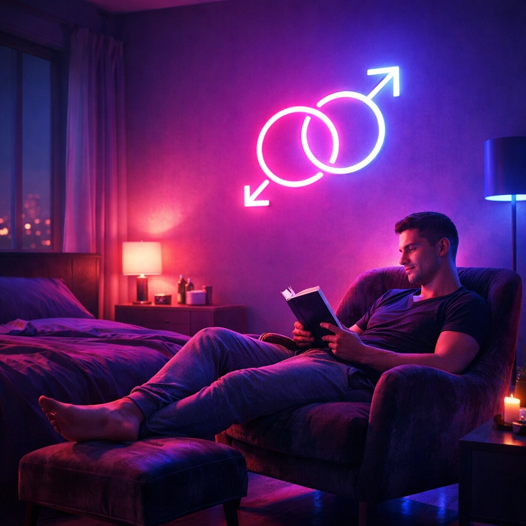 Gay man reading in a cozy room featuring vibrant bisexual lighting and neon decor.