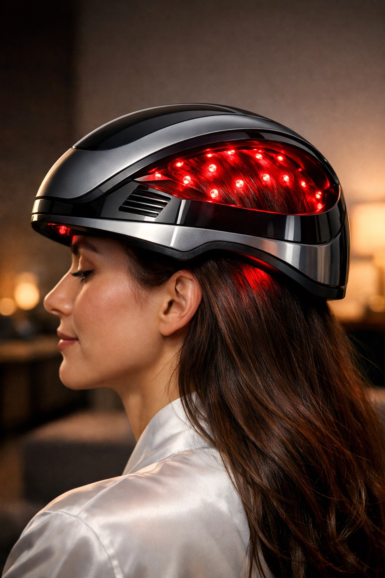 A person using an at-home red light therapy helmet to stimulate hair growth and follicle health.