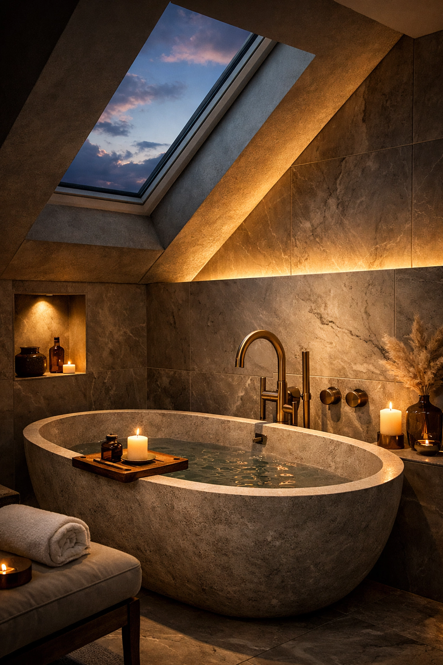 Luxury en-suite bathroom in a loft conversion, featuring a freestanding bath and sloped ceilings.