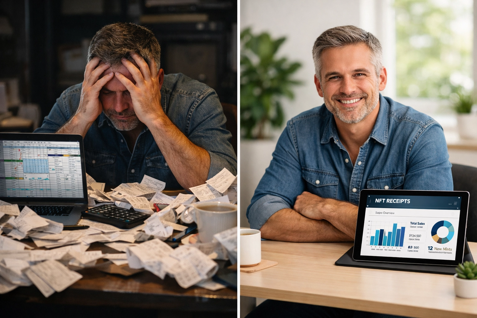Traditional paper receipt chaos vs organized NFT receipt digital accounting system