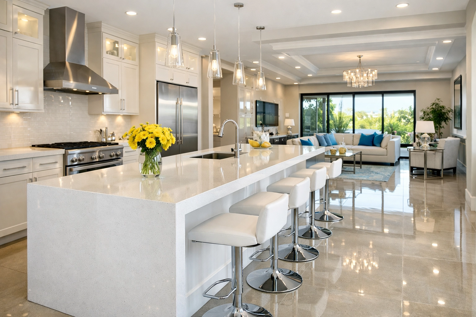 Impeccably clean luxury kitchen following professional post-construction cleaning services.