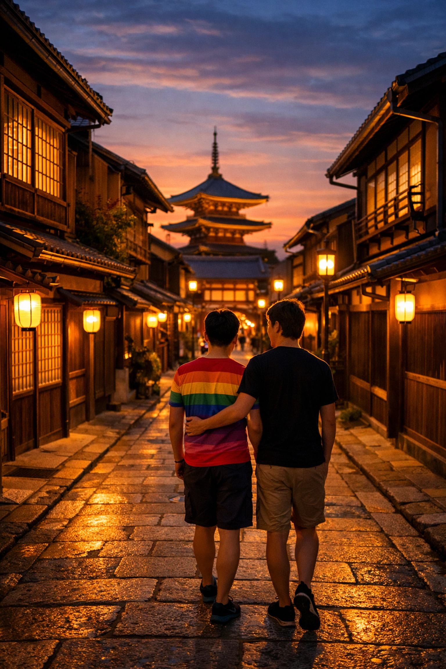 Gay couple walking through historic Kyoto streets at dusk blending tradition with LGBTQ+ identity