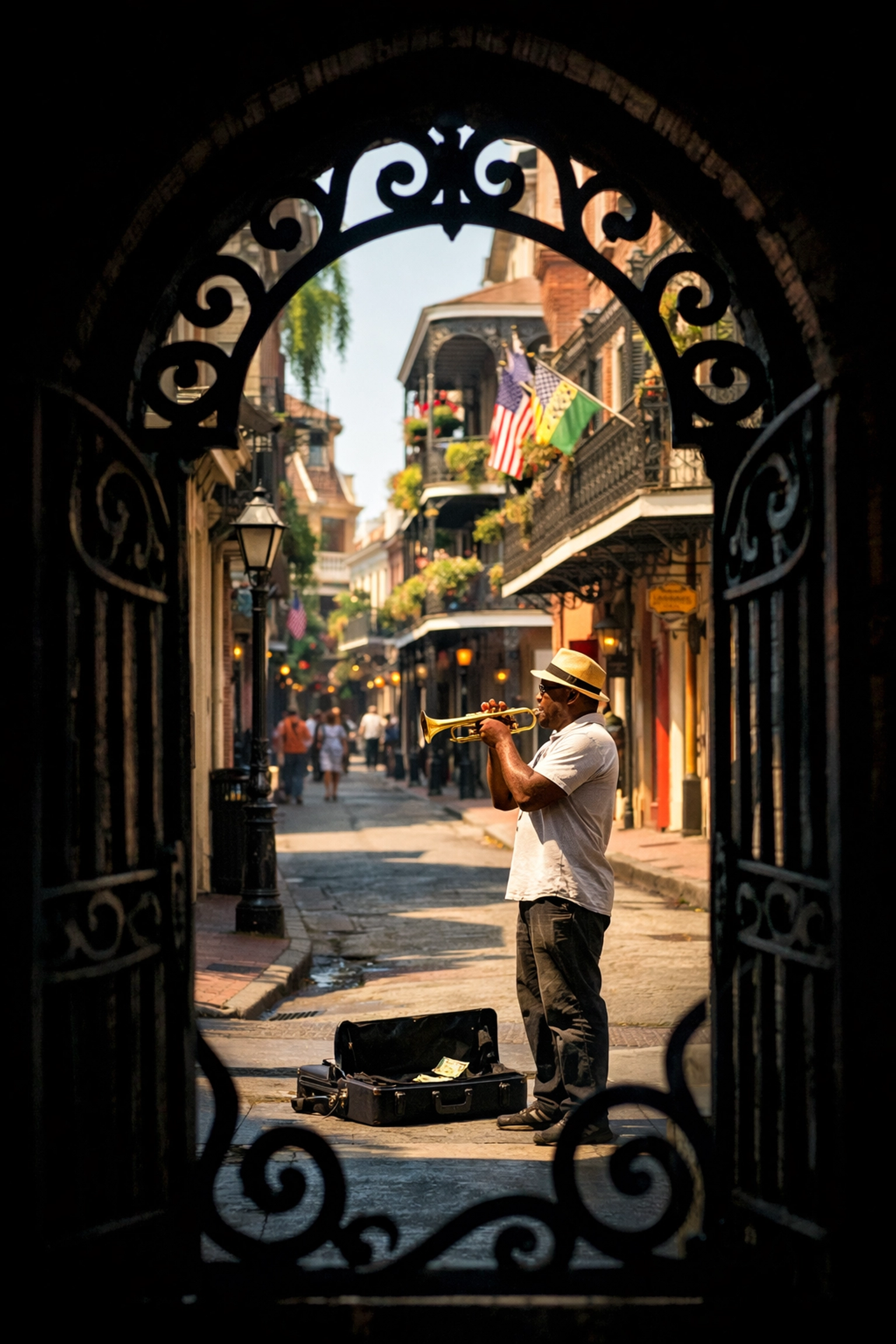 Street performer framed by a French Quarter gate, a creative way to capture unique NOLA photo spots.