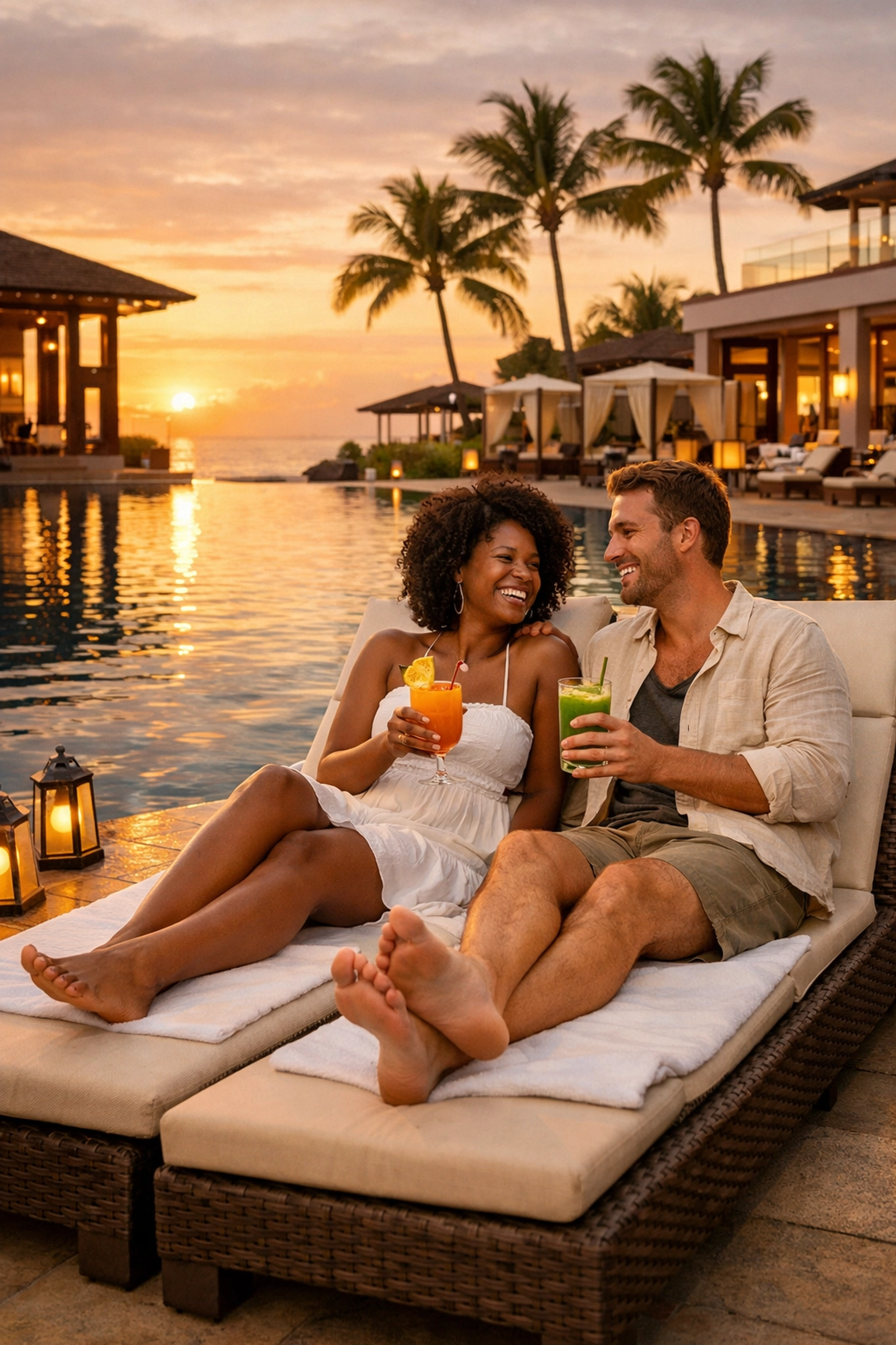 Couple relaxing at adults-only resort infinity pool at sunset