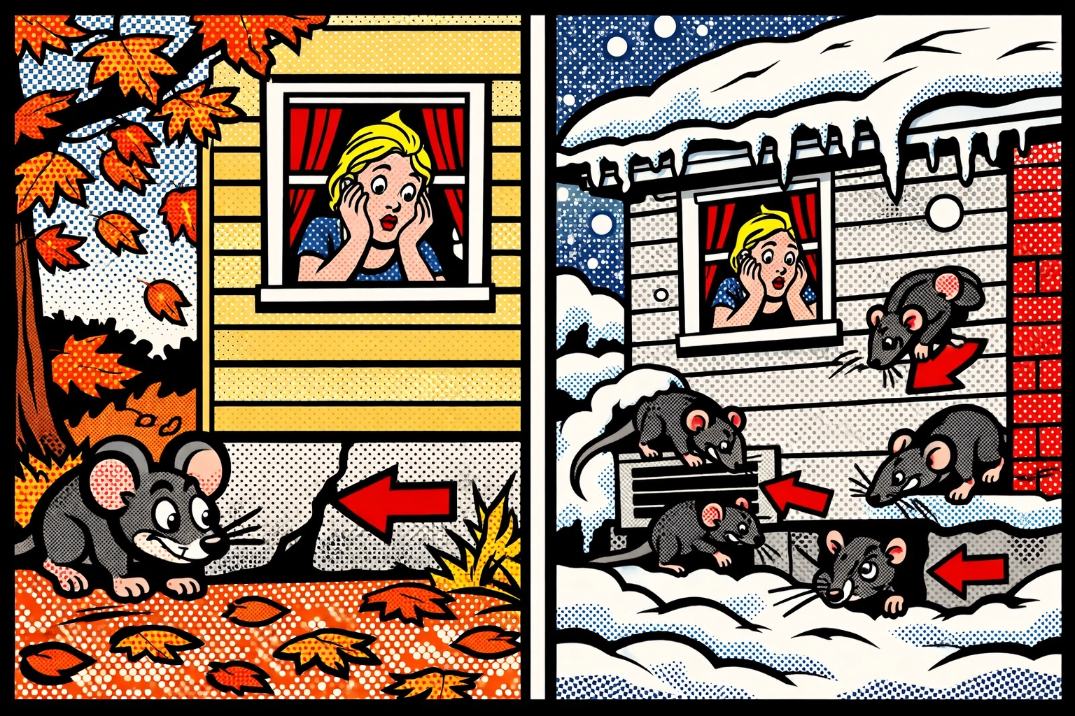 Seasonal mice invasion showing rodents entering home through gaps during fall and winter