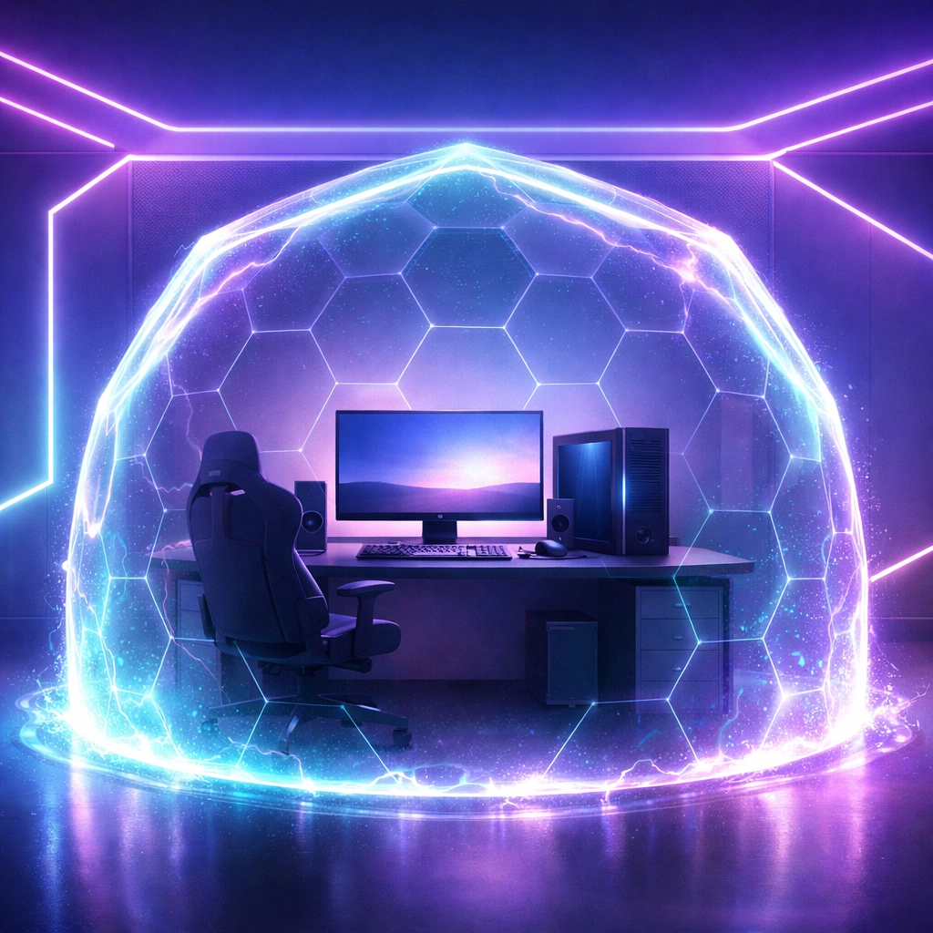 A home computer setup protected by a digital shield representing professional virus and malware removal.