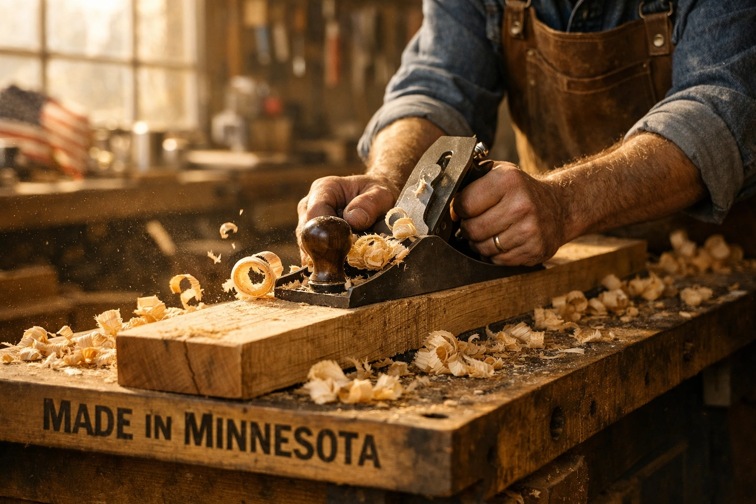 A skilled craftsman hand-planing wood in a Minnesota workshop for a custom bathroom vanity.