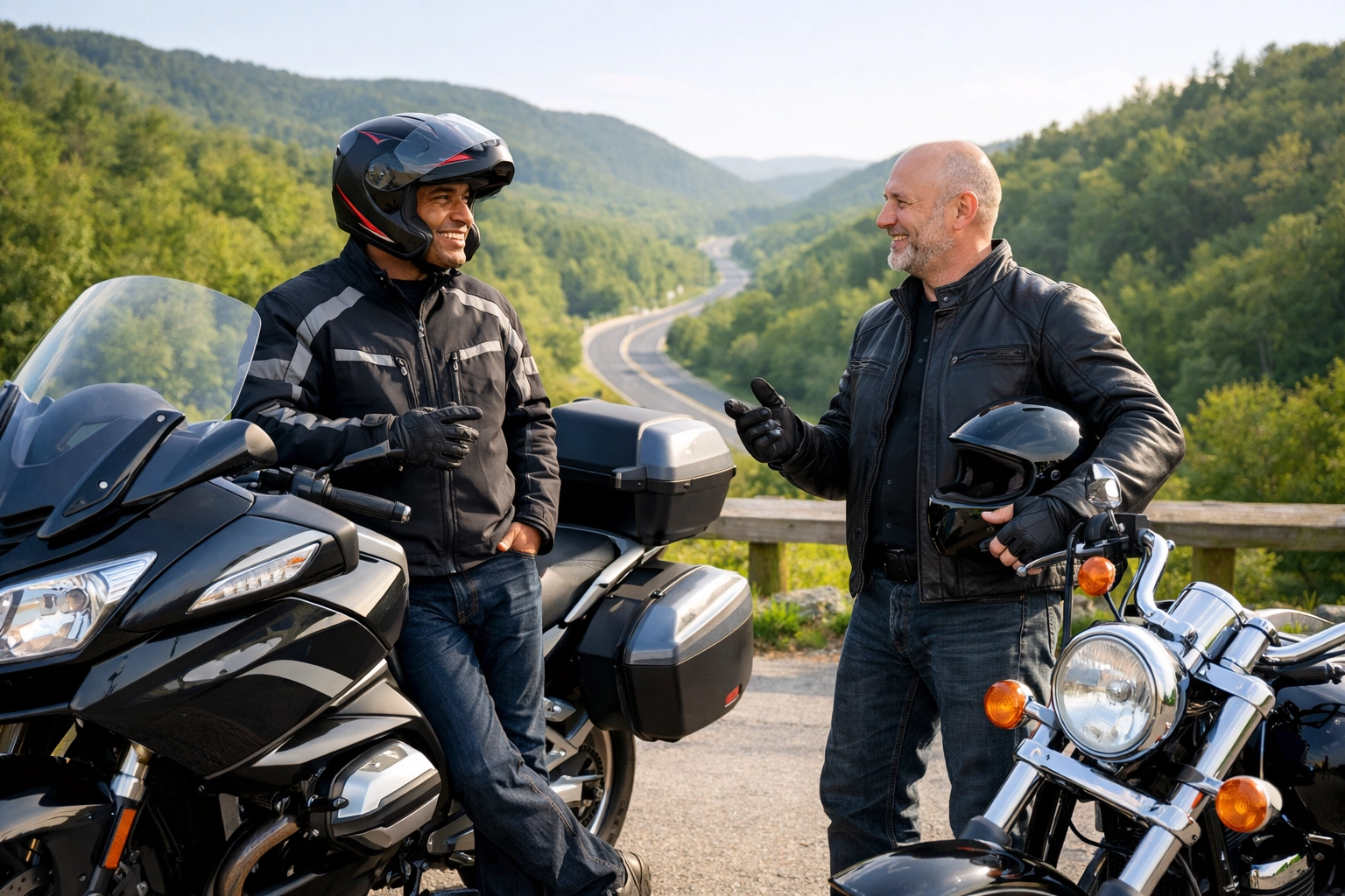 Two geared-up riders at a scenic overlook, practicing NTSB-backed defensive motorcycle safety