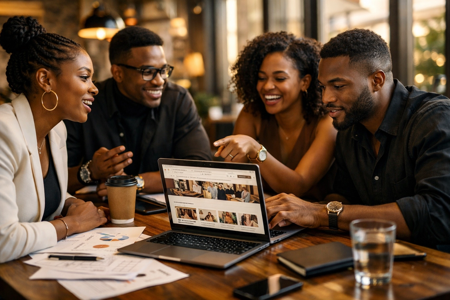 Black entrepreneurs collaborating on business strategies in modern workspace