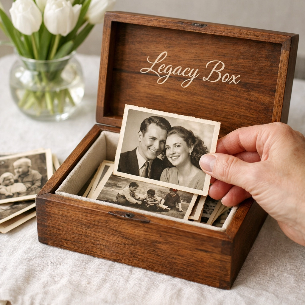 Sorting vintage family photos into a wooden legacy box to preserve memories while downsizing.