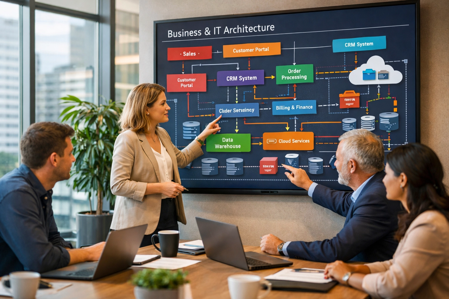 ServiceNow implementation partner team reviewing business service mapping and ITOM architecture
