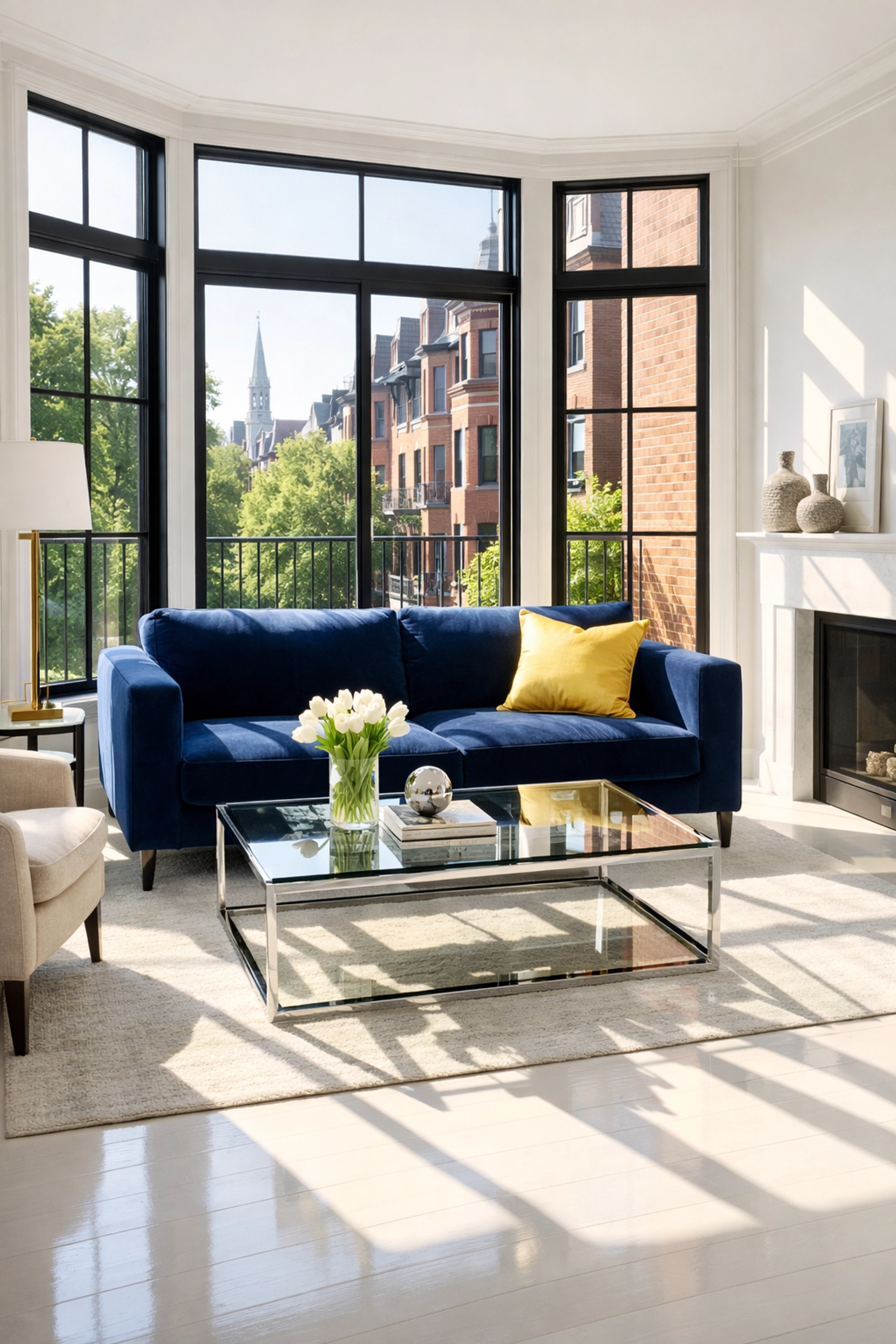 Sun-drenched Boston living room with light reflecting off clean hardwood floors and glass surfaces.