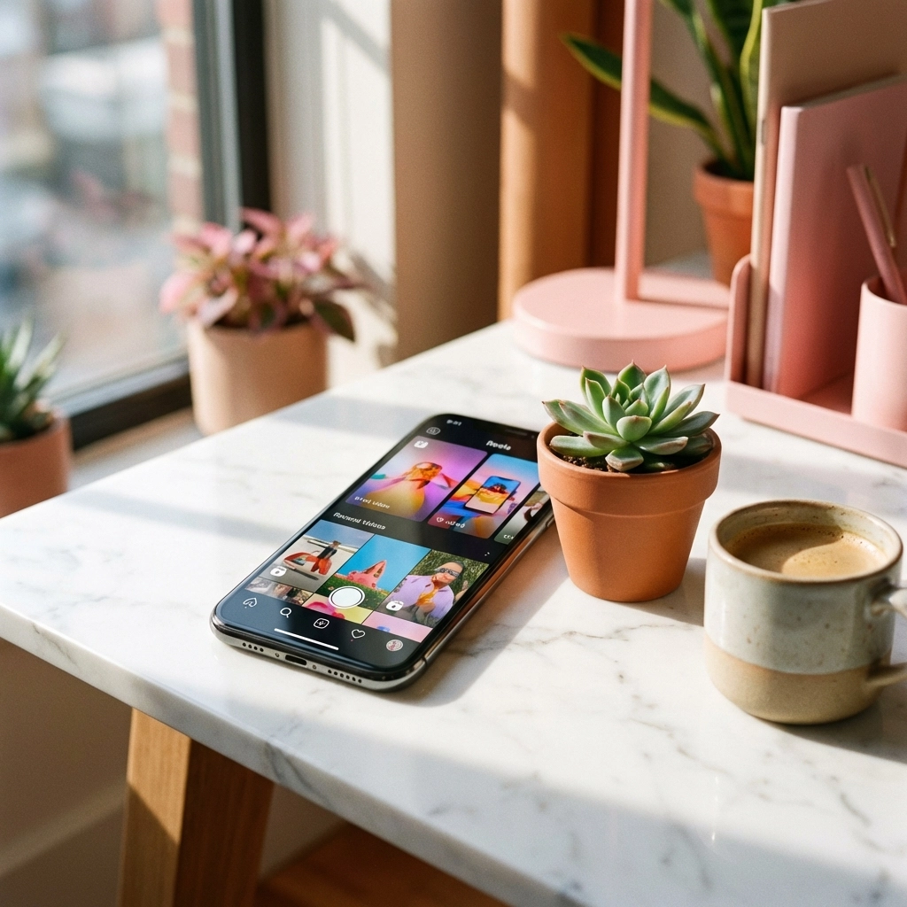 Smartphone on desk showing Instagram Reels, coffee, and succulent for social media content ideas