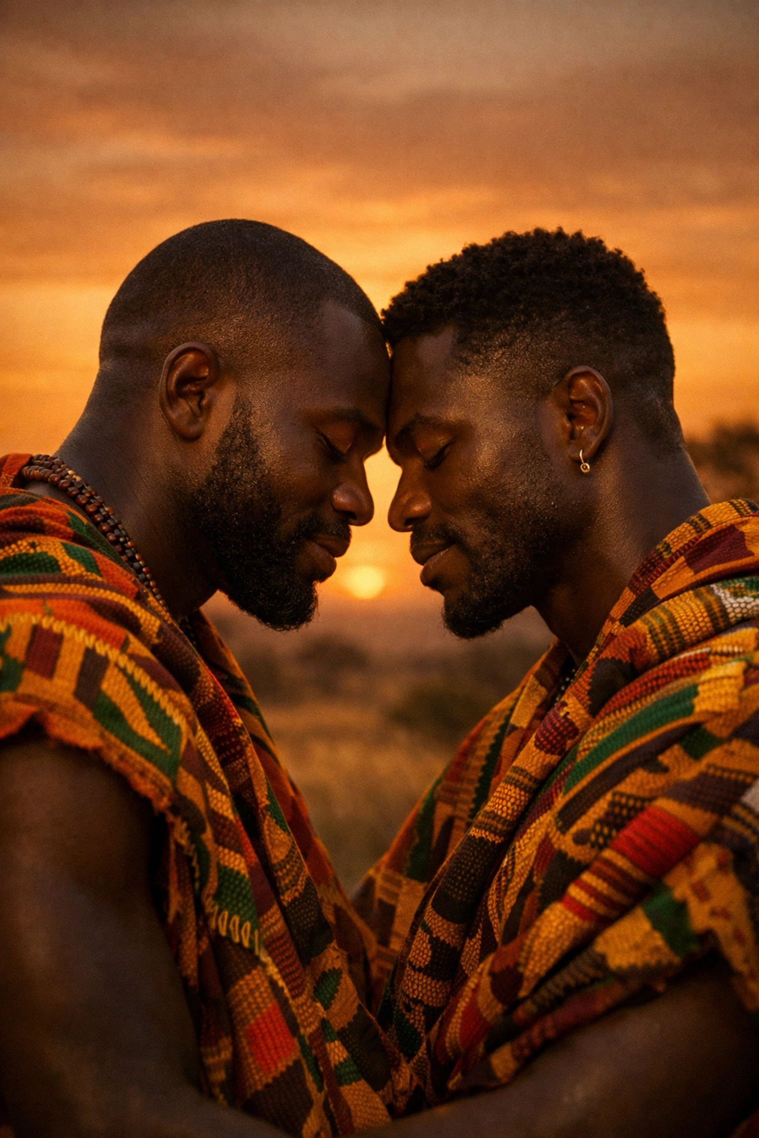 Two African men in traditional Kente cloth sharing an intimate moment of historical queer connection.