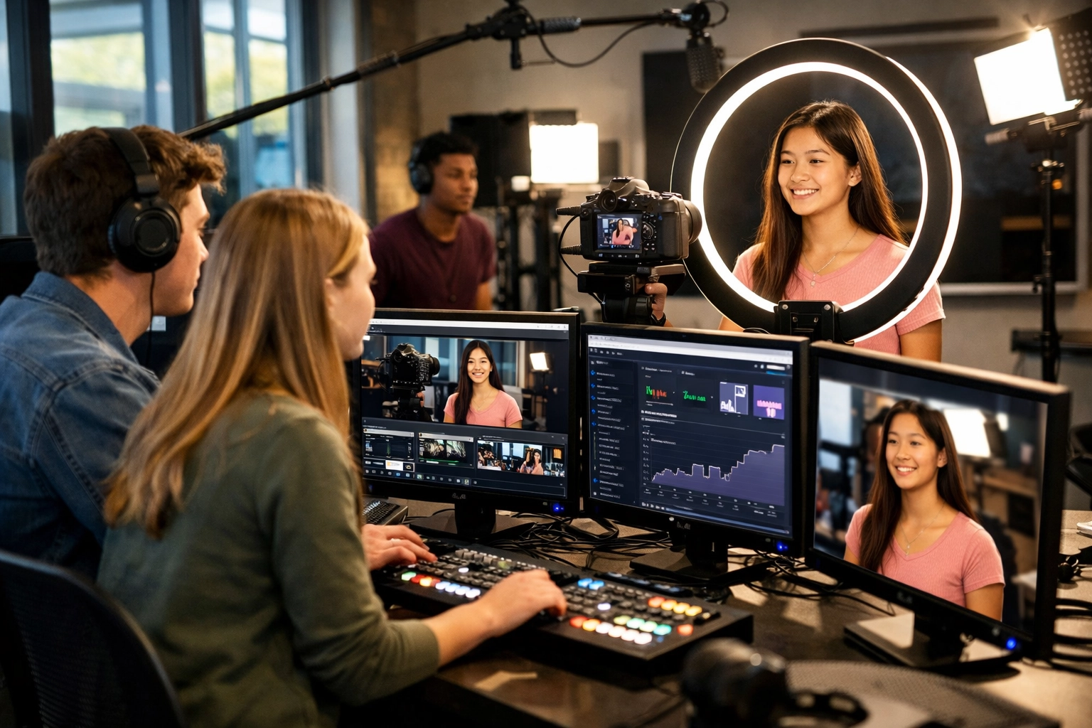 High school students producing digital content in professional media lab with streaming software