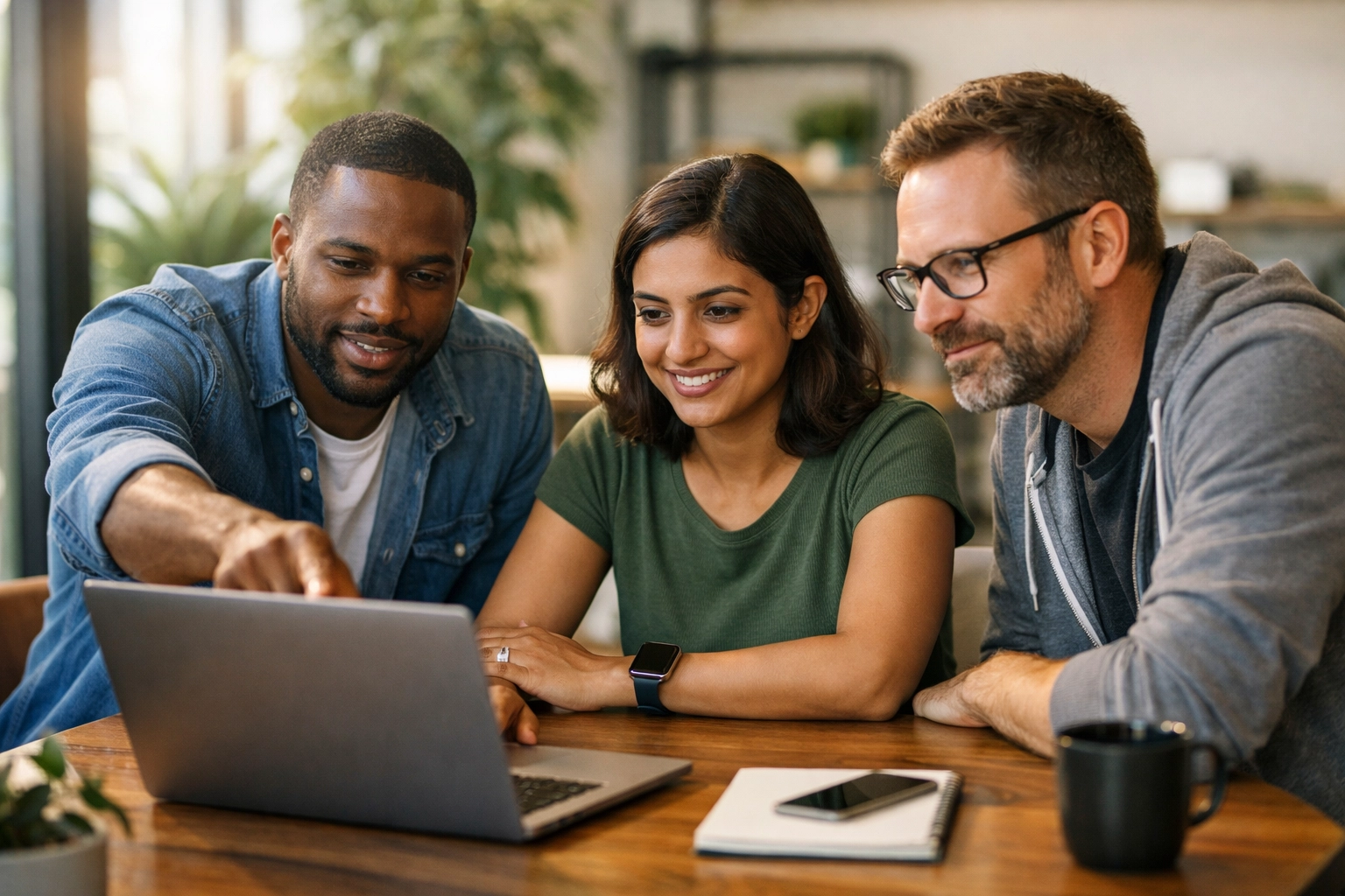 Diverse IT team collaborating on ServiceNow Agentic AI implementation strategy in a modern office.