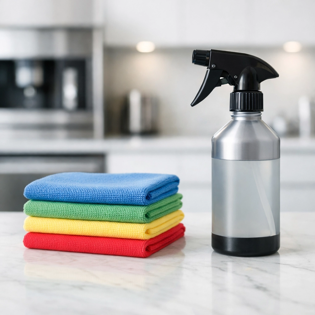 Professional cleaning supplies on a clean marble counter representing reliable janitorial services in Detroit.