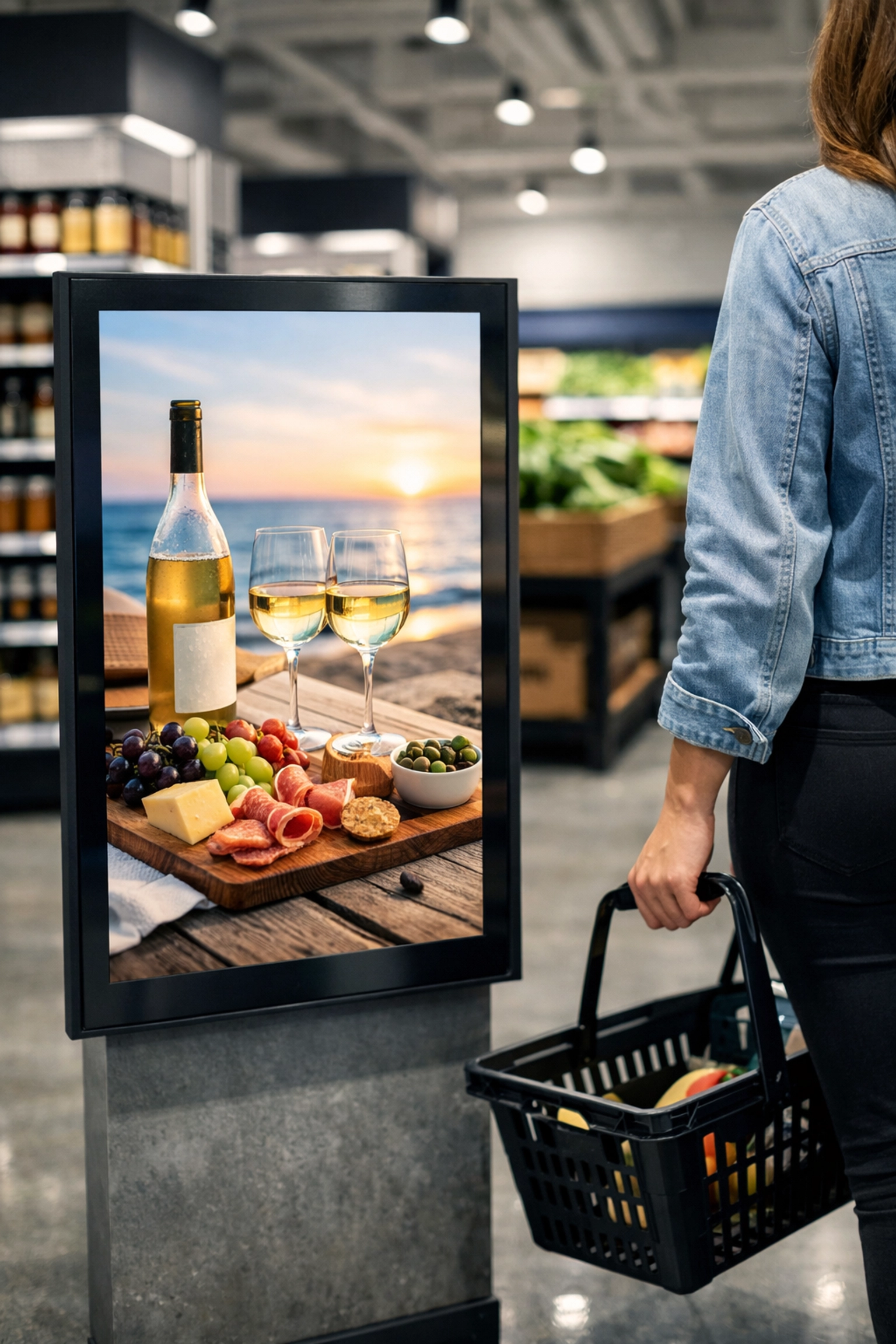 Digital advertising display inside a high-end grocery store for retail venue targeting.