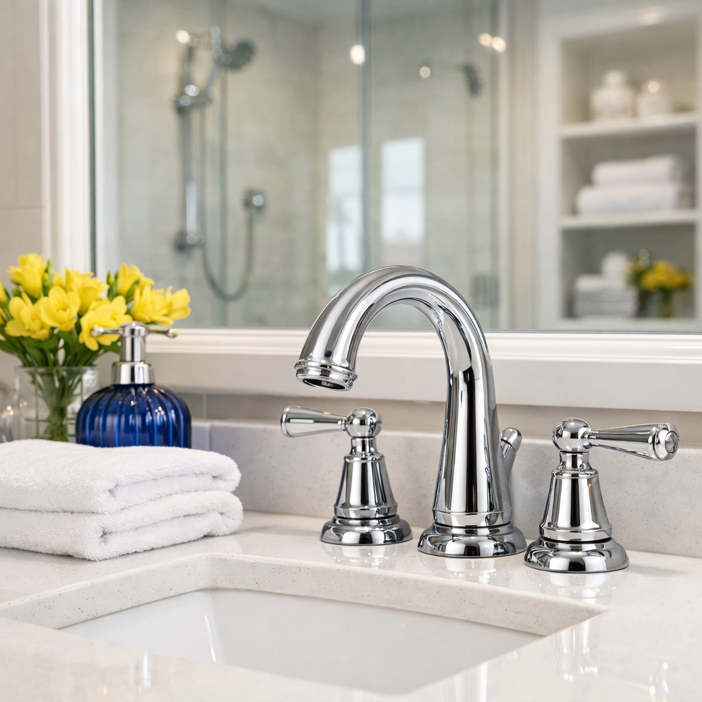 Sanitized bathroom vanity in Wayland MA showing the detail of luxury house cleaning services.