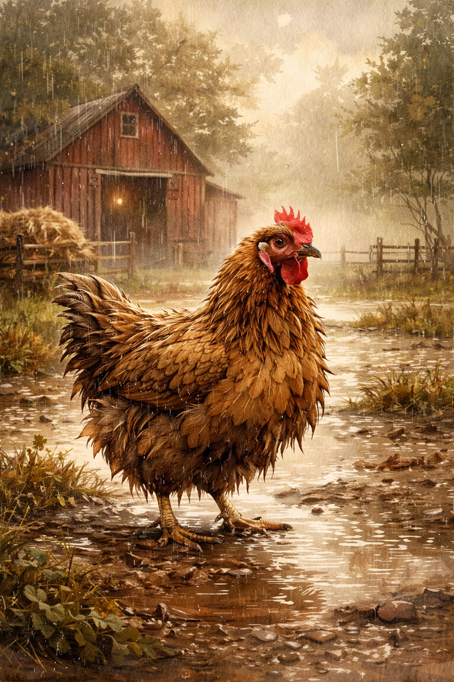 A brown hen with wet feathers stands in a rainy farmyard by a red barn, illustrating wet weather challenges for pasture raised hens.