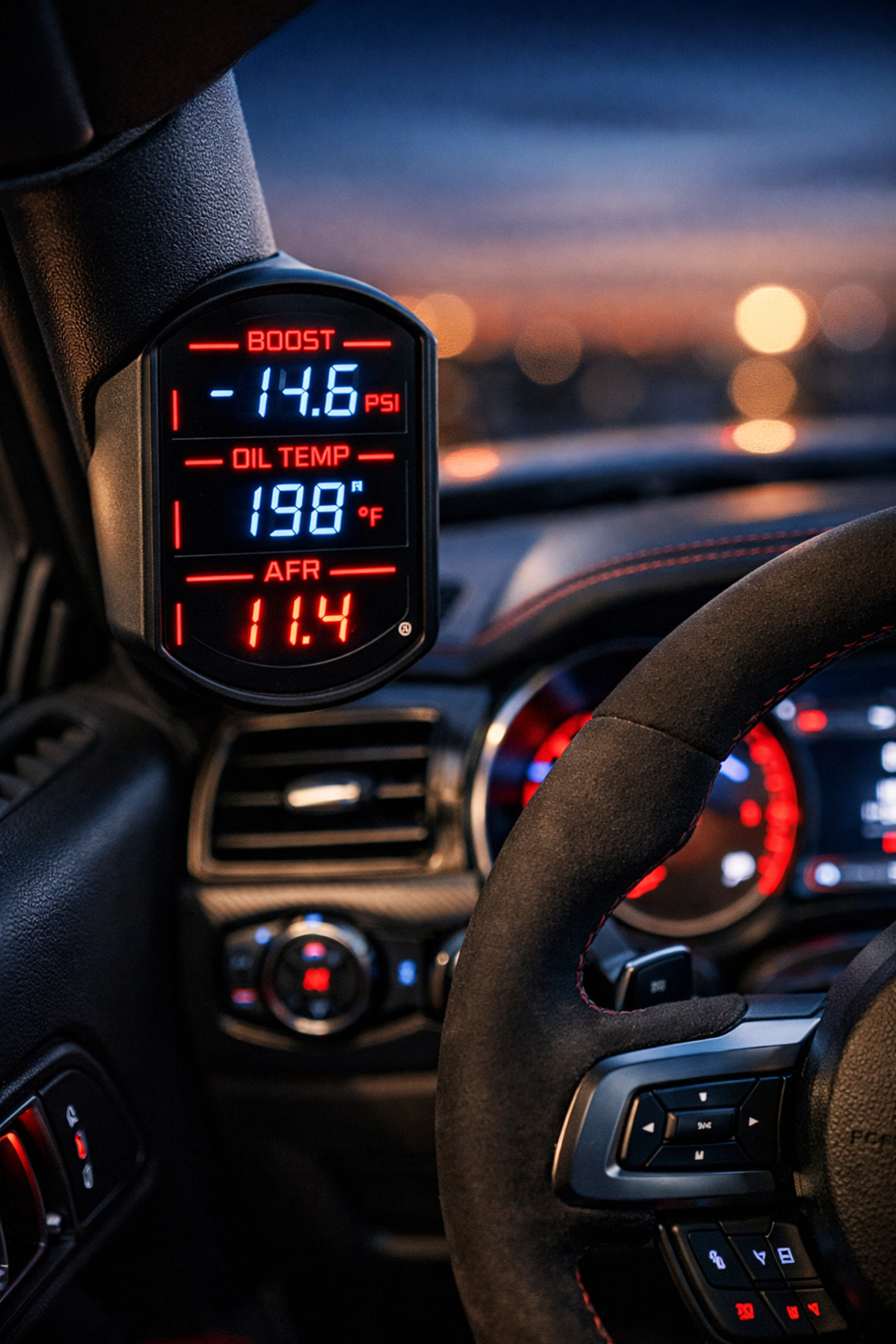 Digital multi-function boost and air-fuel ratio gauge for Cadillac CTS-V performance monitoring.