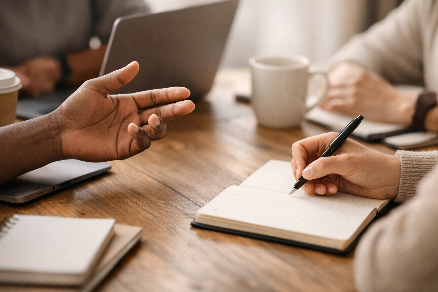 Diverse hands collaborating at table with laptops showing authentic leadership and teamwork