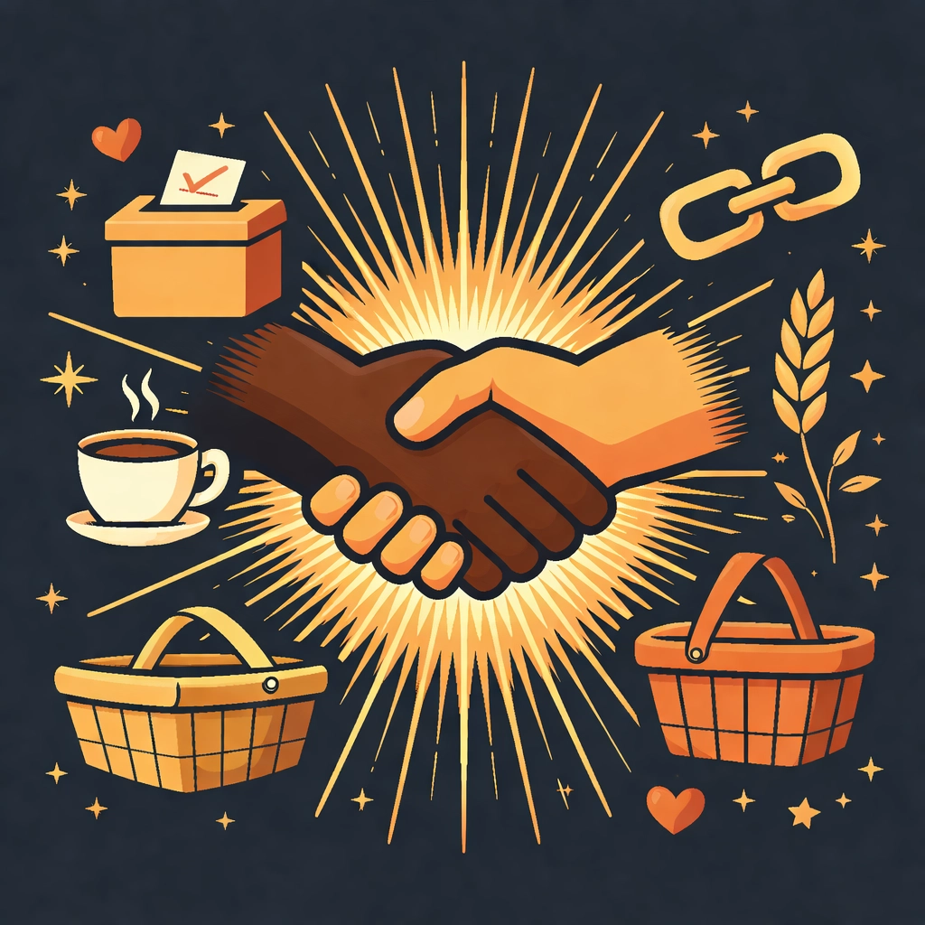 Handshake icon and unity symbols represent democracy and community solidarity in local business support