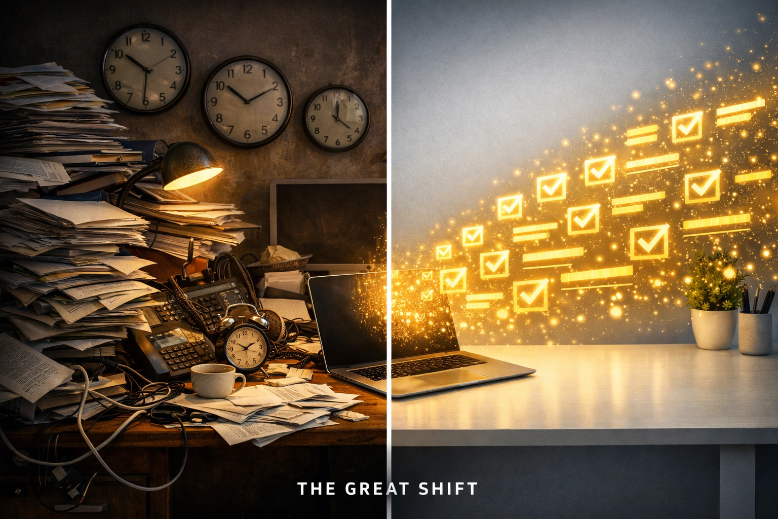 Visual comparison showing a transition from manual office chaos to organized AI business automation.