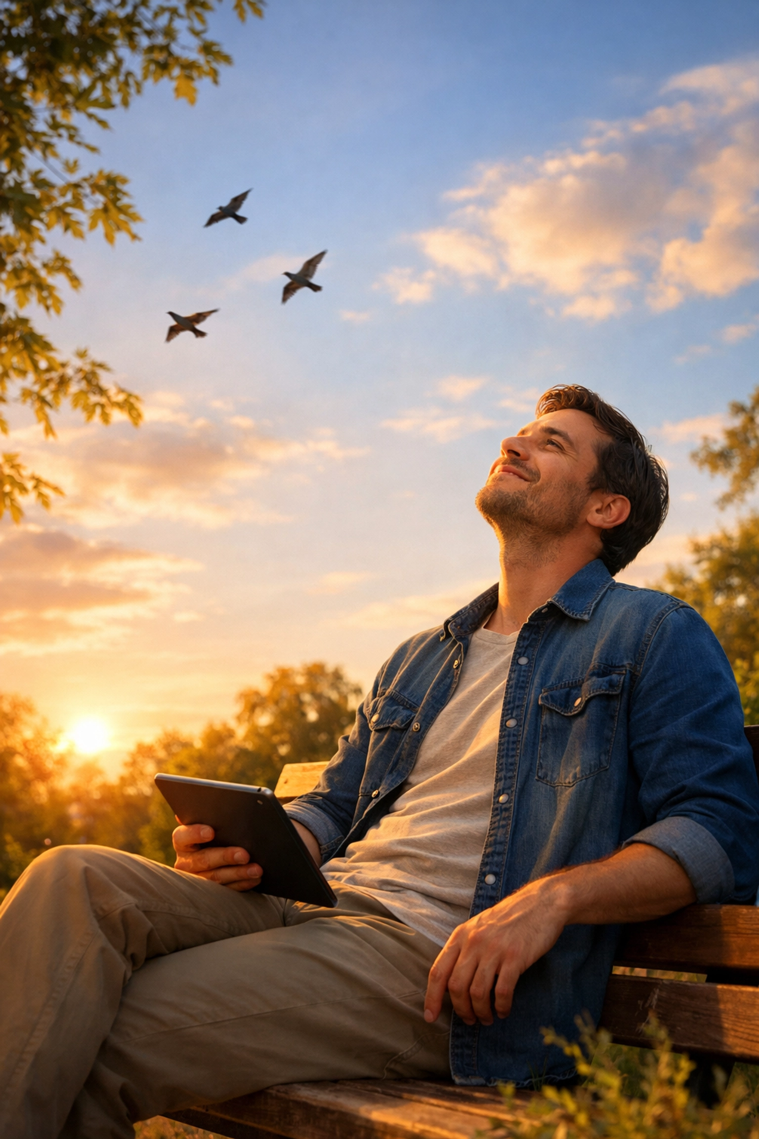 Person peacefully balancing staying informed with mental health while relaxing in nature