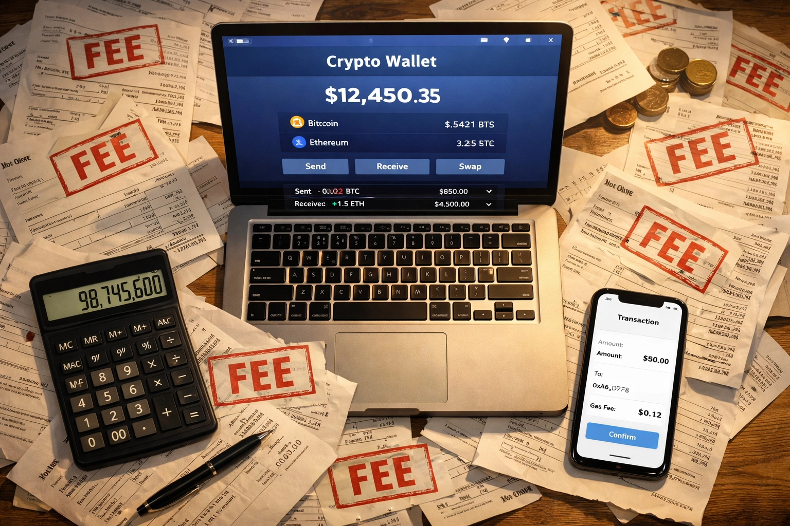 Merchant desk comparing traditional fee-heavy invoices with Larecoin's clean, low-cost crypto transactions