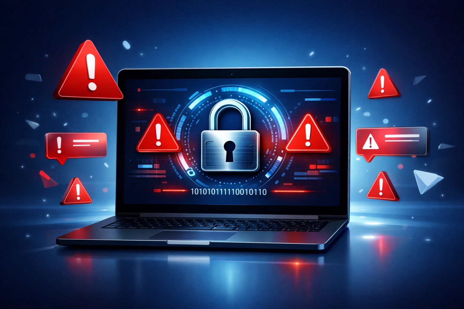 Ransomware attack warning on laptop screen with encrypted data lock and security alerts