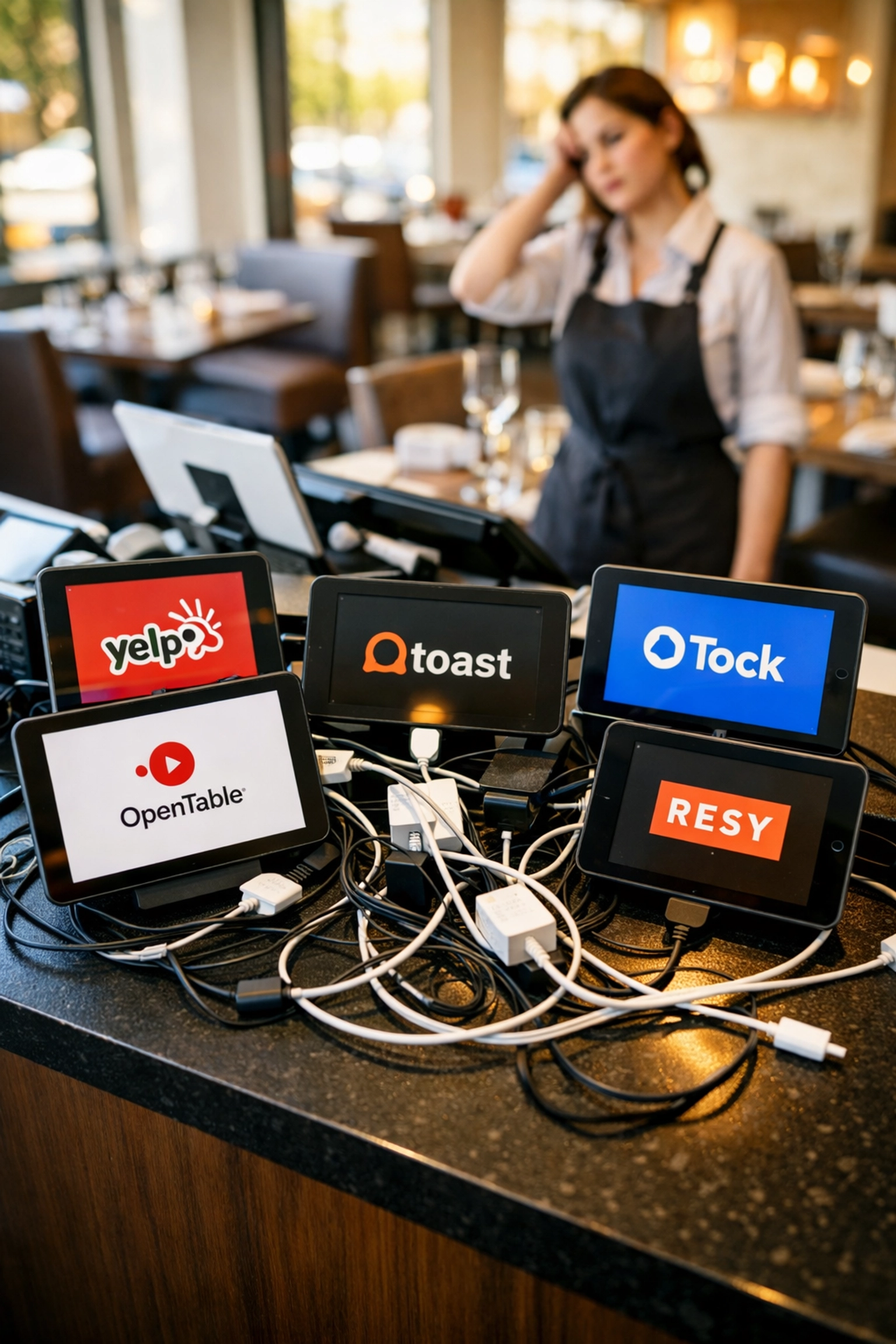 Cluttered restaurant counter with multiple tablets illustrating a fragmented tech stack and operational friction.