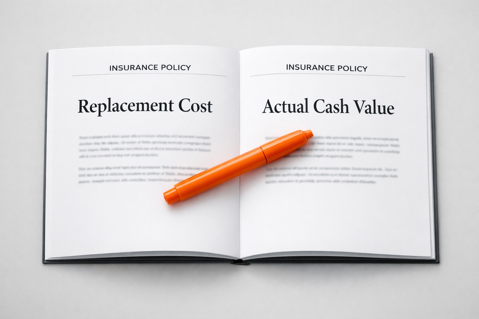 Property insurance policy showing replacement cost and actual cash value coverage options
