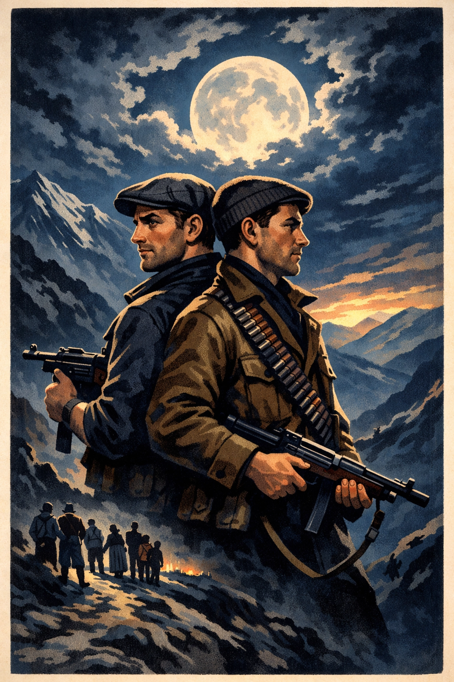 Two WWII resistance fighters guiding refugees to safety across moonlit mountain pass in occupied Europe