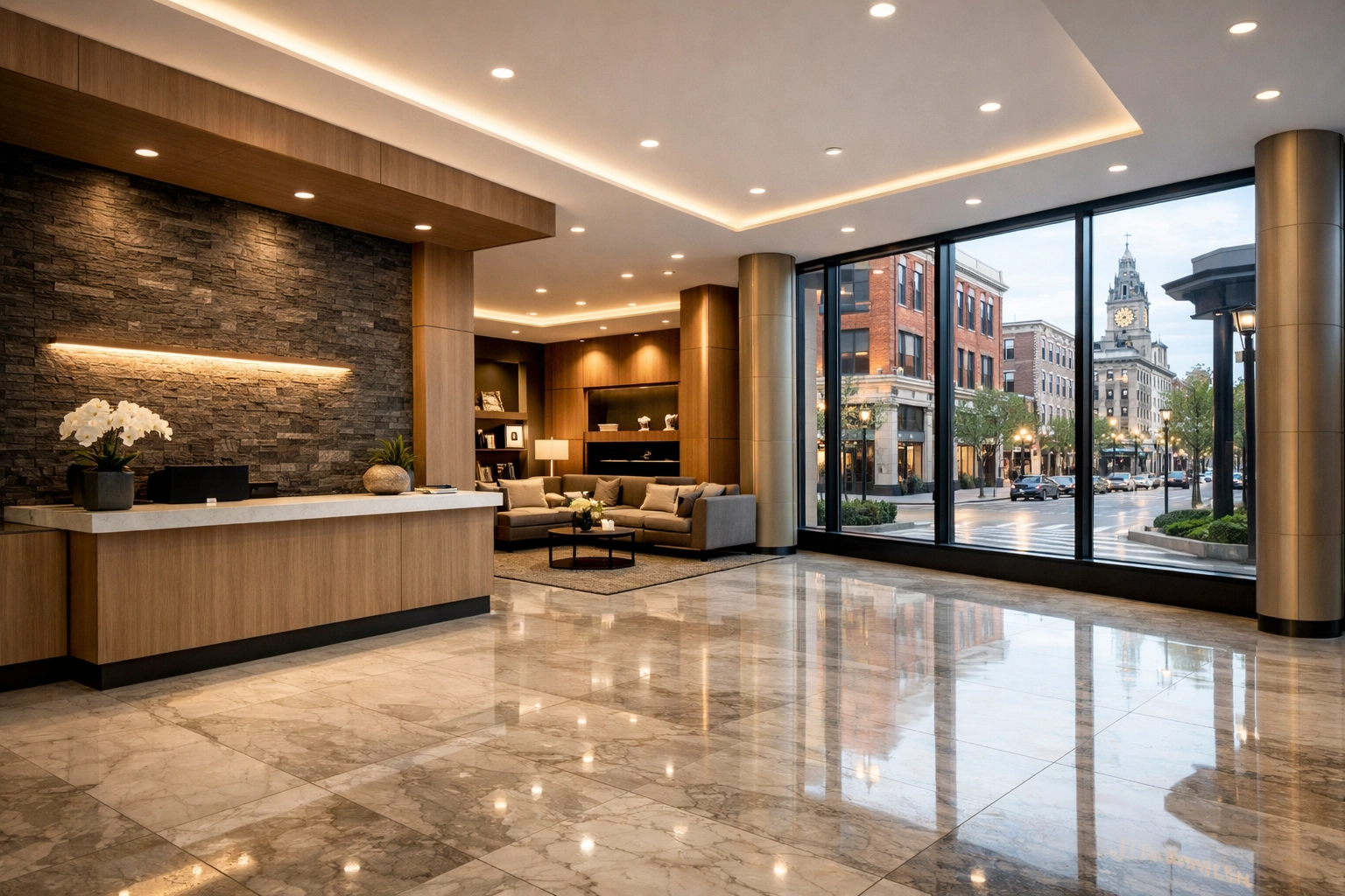 Clean luxury apartment lobby in Detroit with marble floors, representing high-end HOA and multifamily maintenance.
