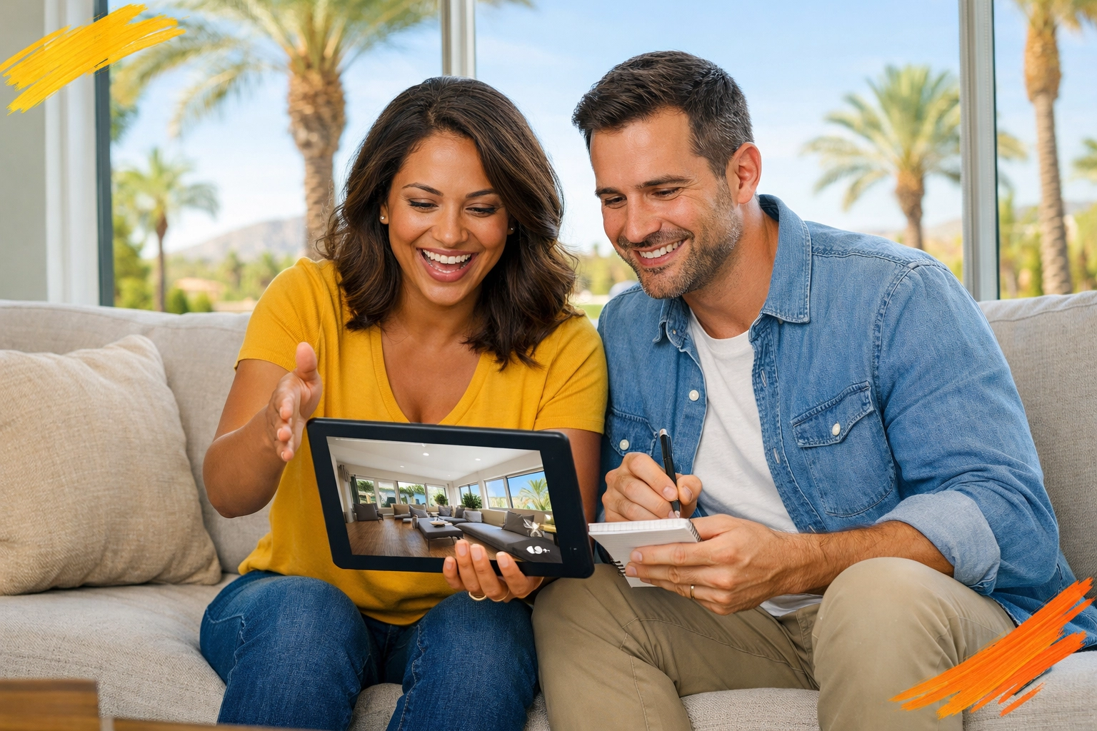 Couple using virtual home tour technology for executive relocation to Phoenix Arizona Couple using virtual home tour technology for executive relocation to Phoenix Arizona