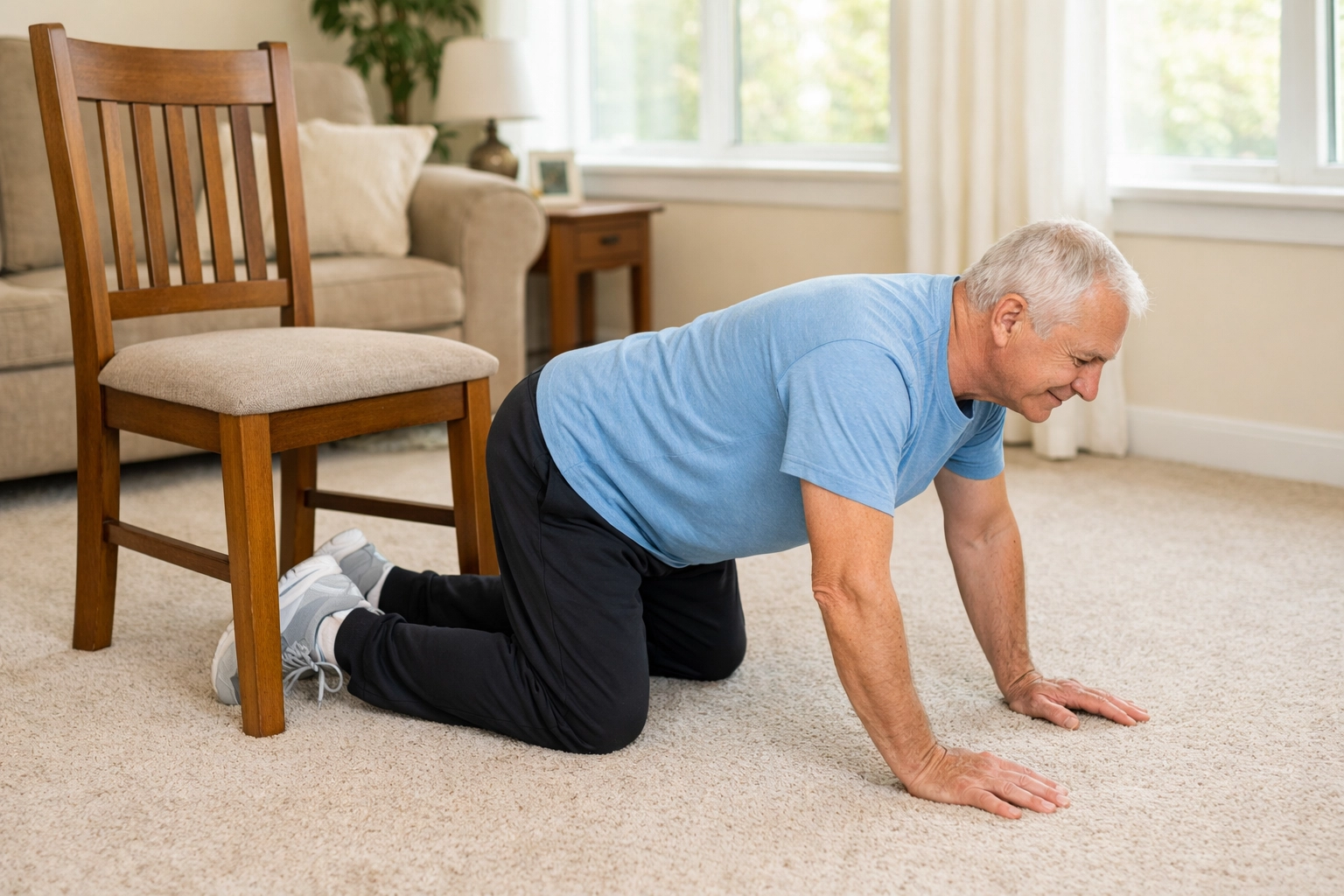 Senior on hands and knees crawling to chair after fall for support