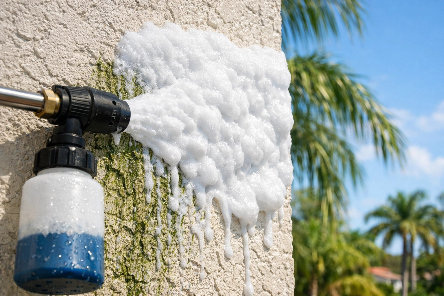 Soft wash foam applied to a Florida home stucco wall to safely remove algae and mold stains. Soft wash foam applied to a Florida home stucco wall to safely remove algae and mold stains.