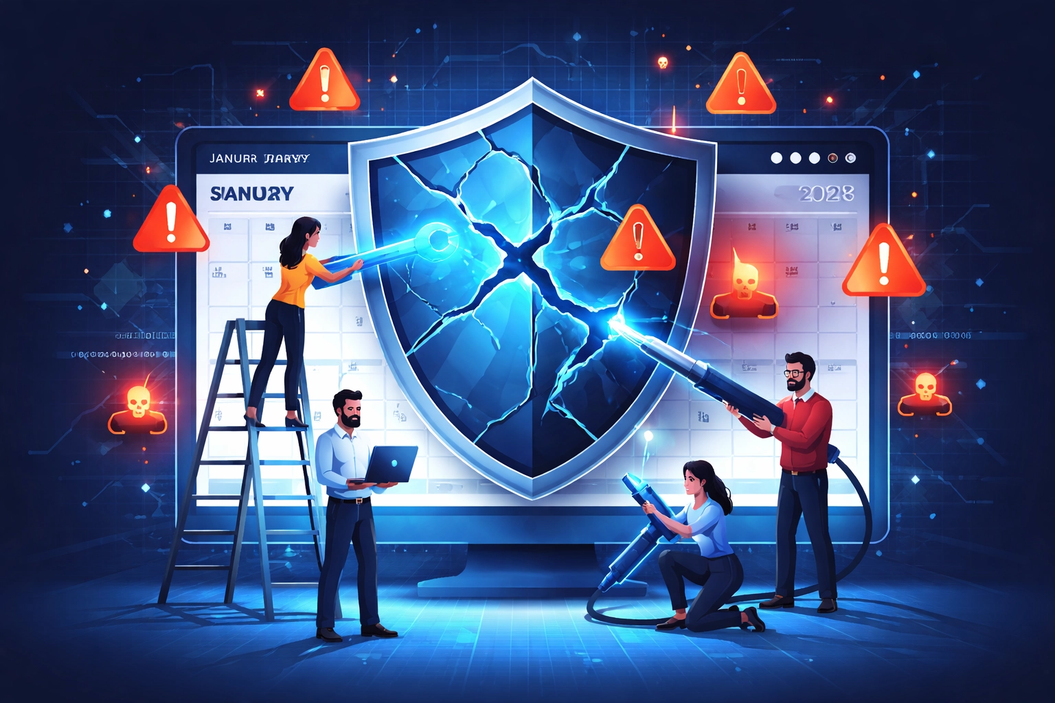 Shield with warning signs and IT experts repairing security flaws, representing Microsoft 365 vulnerabilities patched by local Petoskey IT support.