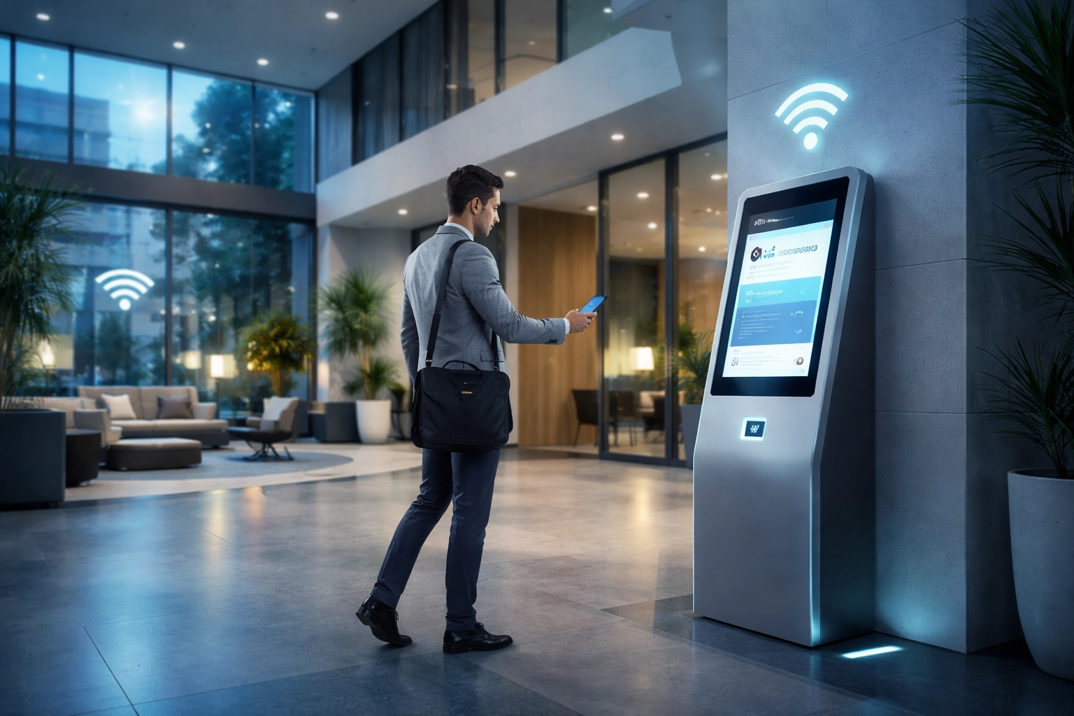 Modern apartment building lobby with WiFi and digital kiosk, illustrating seamless bulk internet amenity for residents