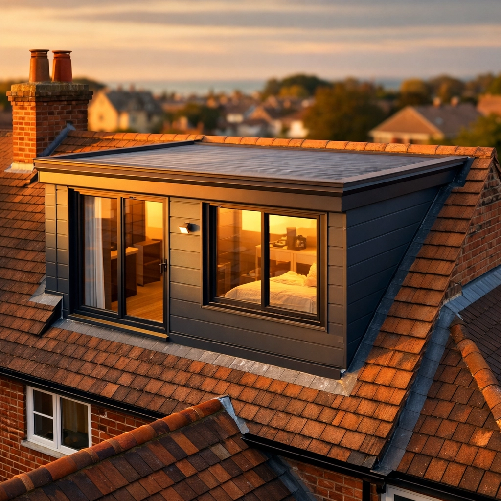 Modern slate dormer loft conversion on a Sussex red-brick home, staying within volume limits for planning.