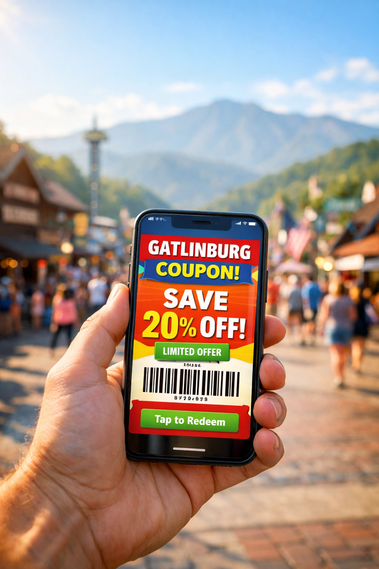 A customer using a mobile device to redeem a digital coupon in a scenic Gatlinburg tourist area.