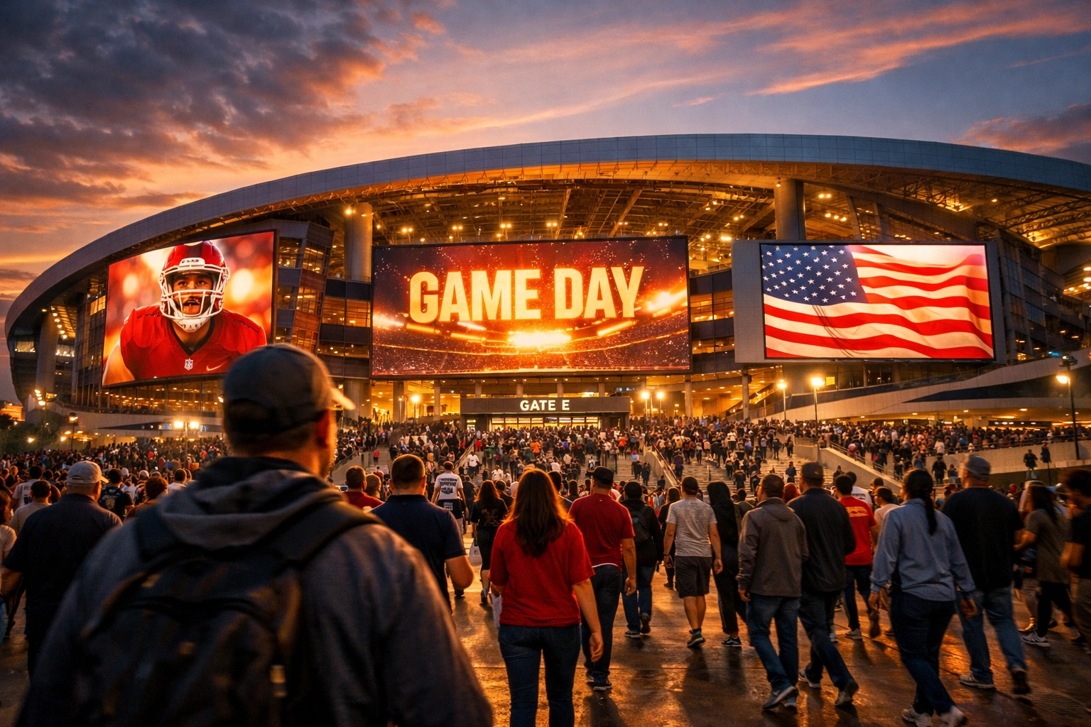 Large stadium digital advertising screens illuminating a plaza filled with fans during a sports event at dusk.