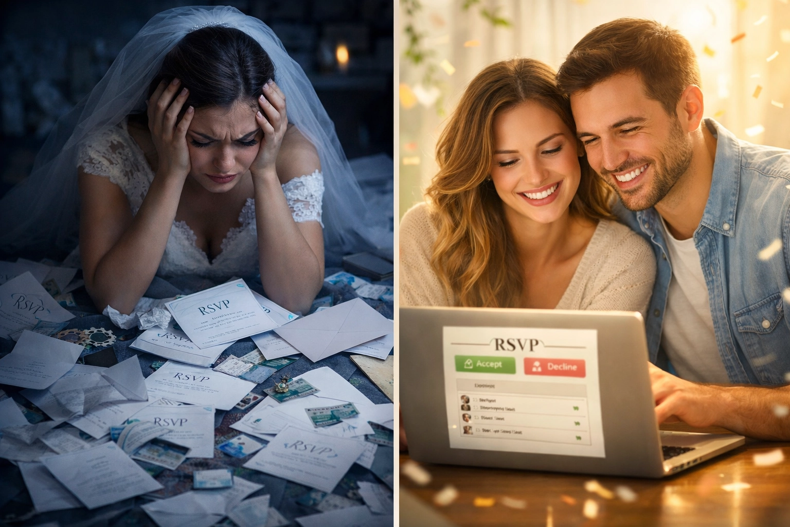 Comparison of stressful paper RSVP cards versus easy digital wedding RSVP management