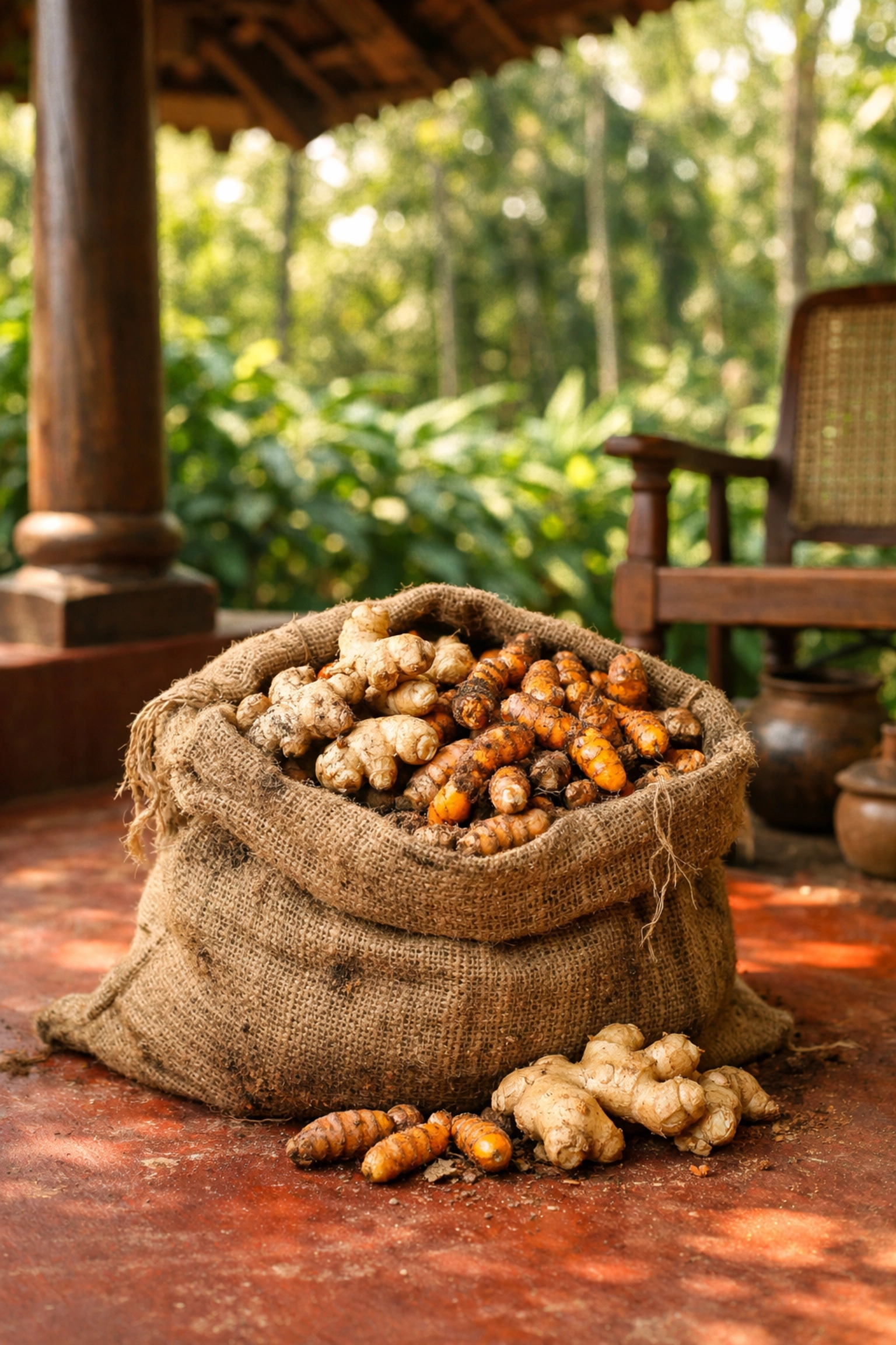 Fresh turmeric and ginger in a rustic jute bag at a Kerala spice farm, highlighting authentic sourcing.