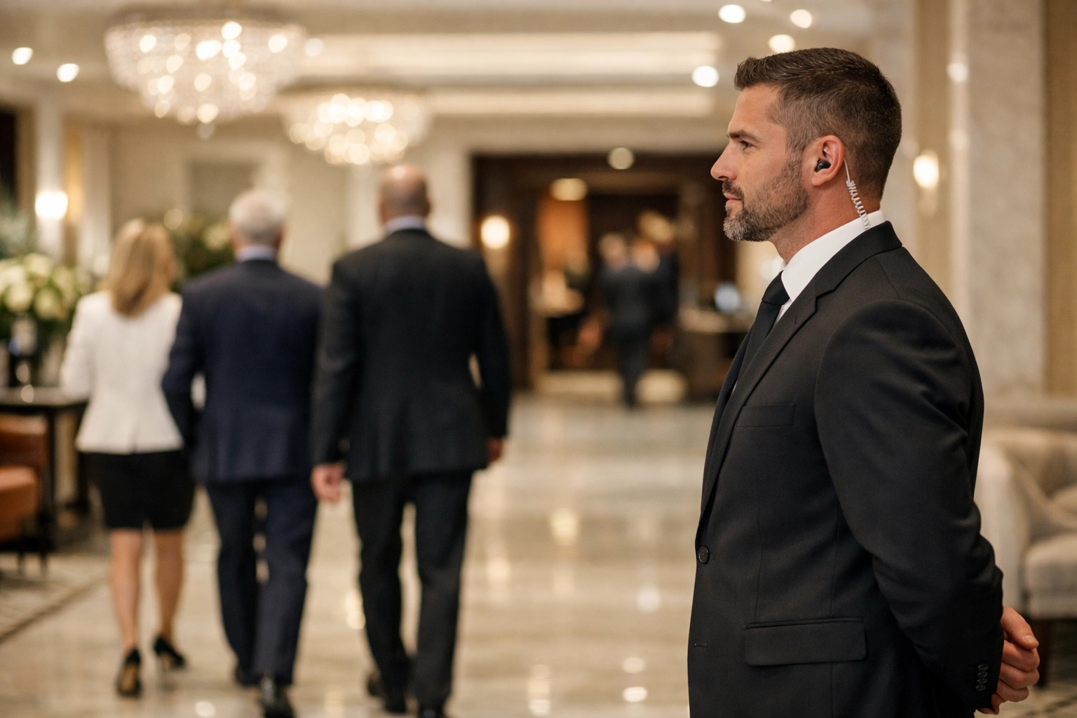 Discreet corporate security professional protecting executives in a luxury hotel lobby.